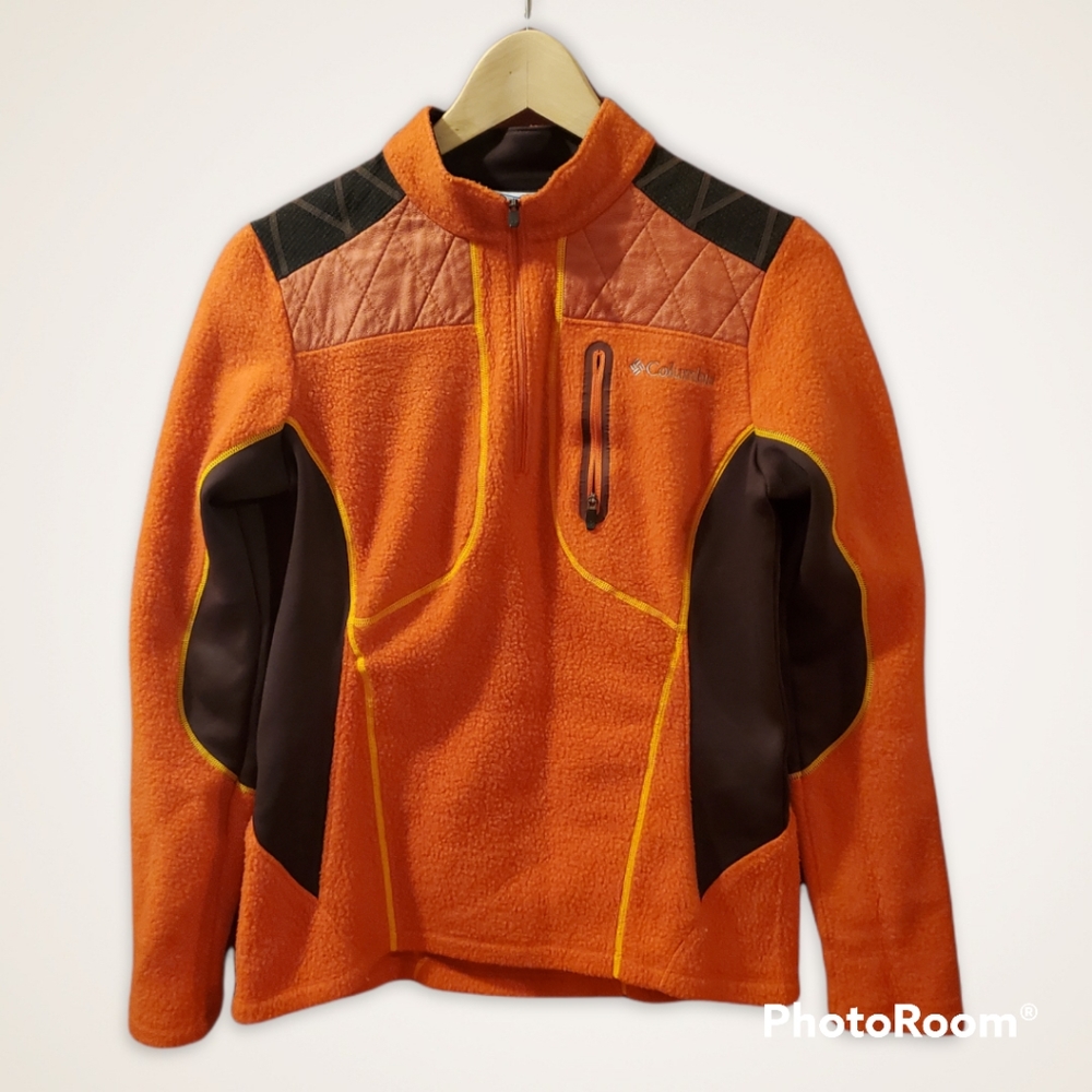 Burnt Orange Columbia zip fleece faux leather & Neoprene side panels Med